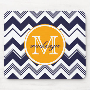 Monogram naam Navy Blue White Chevron Pattern Muismat