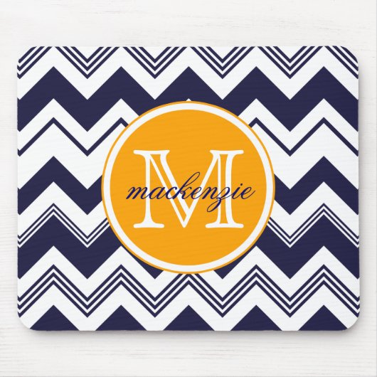 Monogram naam Navy Blue White Chevron Pattern Muismat (Voorkant)