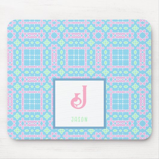 Monogram naam Neon Pink Blue Hearts Patroon Muismat (Voorkant)
