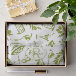 Monogram Naam Olijfgroen Klassiek Cottage Patroon Tissuepapier