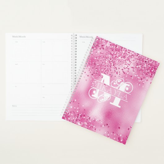 Monogram & naam op Faux Fuchsia Folie & Glitter Planner (Display)