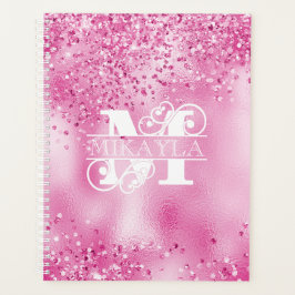 Monogram & naam op Faux Fuchsia Folie & Glitter Planner