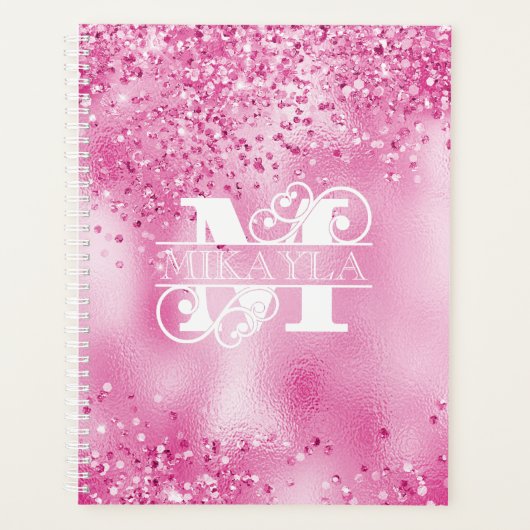 Monogram & naam op Faux Fuchsia Folie & Glitter Planner (Voorkant)