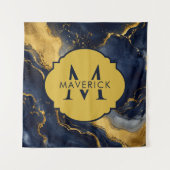 Monogram naam op NavyGold Abstract Marmer FluidArt Wandkleed (Voorkant)