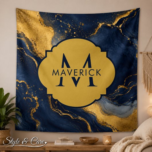 Monogram naam op NavyGold Abstract Marmer FluidArt Wandkleed