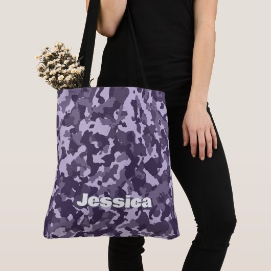 Monogram Naam op Paarse Camo | Tote Bag (Dichtbij)