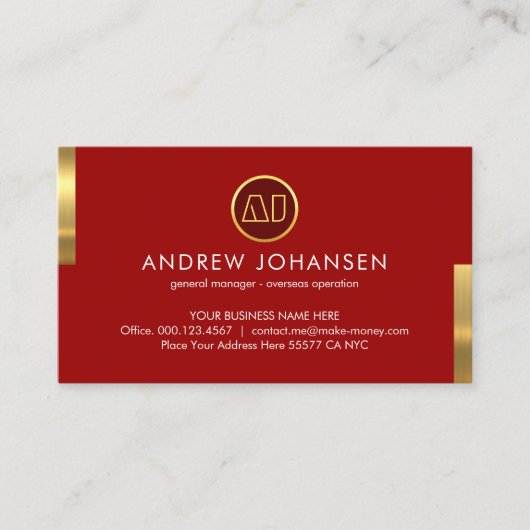 Monogram Naam Op Stunning Rode Gouden Tabs Visitekaartje (Voorkant)