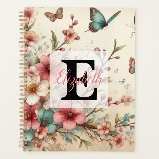 Monogram naam op vintage waterverf bloemen  planner (Voorkant)