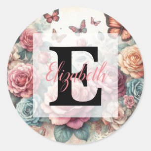 Monogram naam op vintage waterverf bloemen ronde sticker