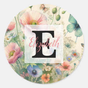 Monogram naam op vintage waterverf bloemen ronde sticker