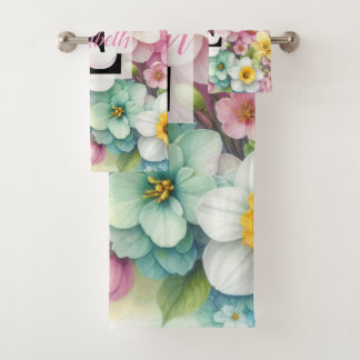 Monogram naam op waterverf Bloemen in pastels Bad Handdoek