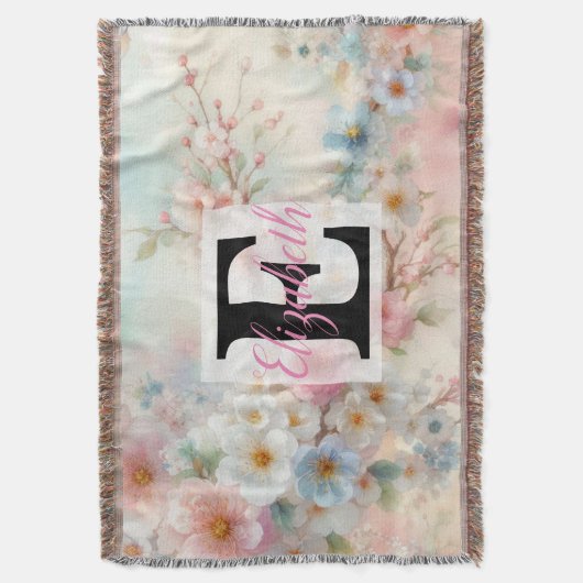 Monogram naam op waterverf Bloemen in pastels Deken (Voorkant Verticaal)