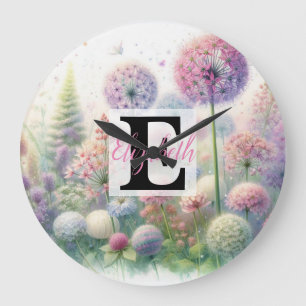 Monogram naam op waterverf Bloemen in pastels Grote Klok
