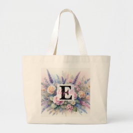 Monogram naam op waterverf Bloemen in pastels Grote Tote Bag