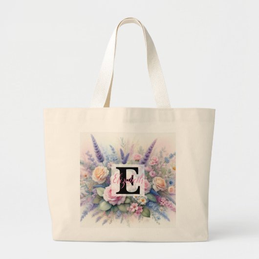 Monogram naam op waterverf Bloemen in pastels Grote Tote Bag (Voorkant)