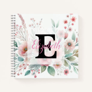 Monogram naam op waterverf Bloemen in pastels Notitieboek