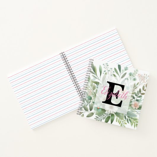Monogram naam op waterverf Bloemen in pastels Notitieboek (Binnen)