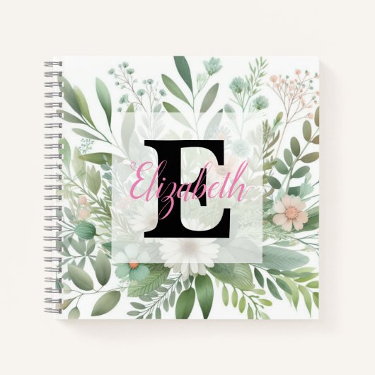 Monogram naam op waterverf Bloemen in pastels Notitieboek (Voorkant)