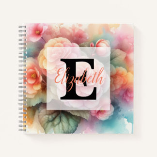 Monogram naam op waterverf Bloemen in pastels Notitieboek