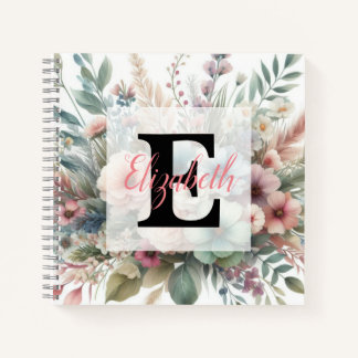 Monogram naam op waterverf Bloemen in pastels Notitieboek
