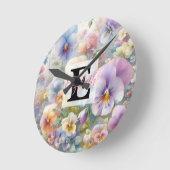 Monogram naam op waterverf Bloemen in pastels Ronde Klok (Hoek)