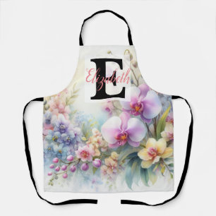 Monogram naam op waterverf Bloemen in pastels Schort