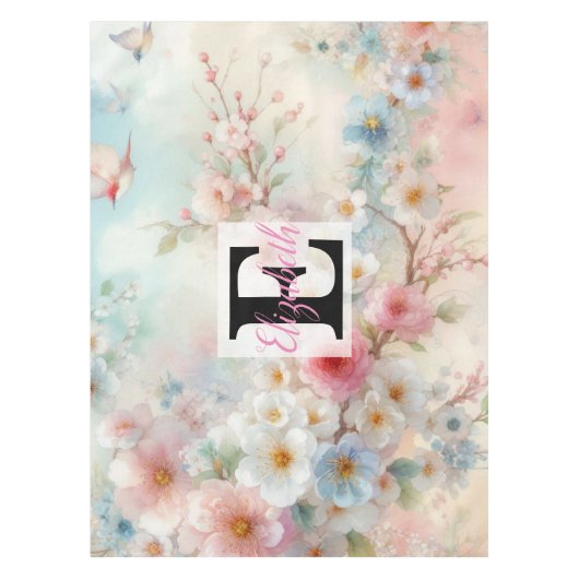 Monogram naam op waterverf Bloemen in pastels Tafelkleed (Voorkant)