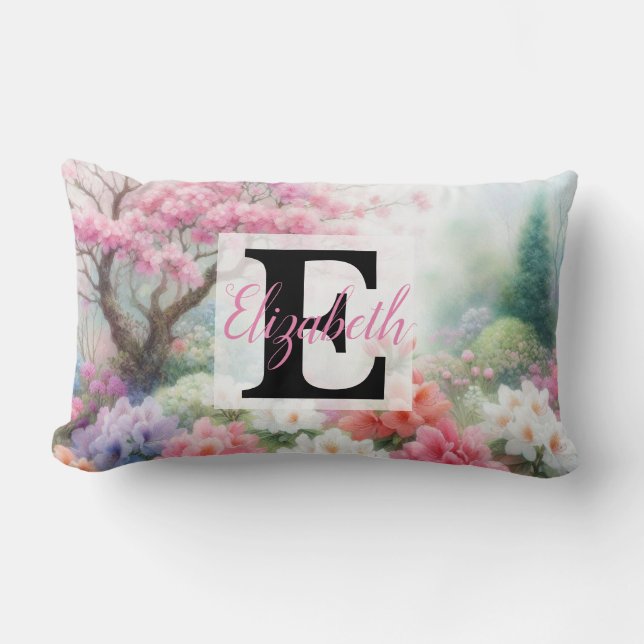 Monogram naam op waterverf Bloemen in pastels Th Kussen (Voorkant)