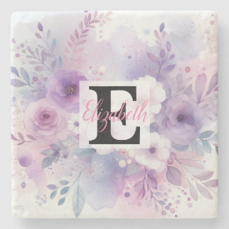 Monogram naam op waterverf Bloemen in pastels Th Stenen Onderzetter