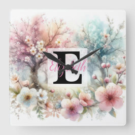 Monogram naam op waterverf Bloemen in pastels Th Vierkante Klok