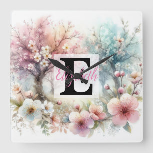 Monogram naam op waterverf Bloemen in pastels Th Vierkante Klok