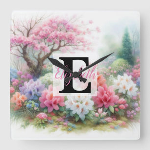 Monogram naam op waterverf Bloemen in pastels Th Vierkante Klok