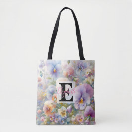 Monogram naam op waterverf Bloemen in pastels Tote Bag