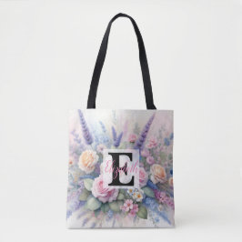 Monogram naam op waterverf Bloemen in pastels Tote Bag