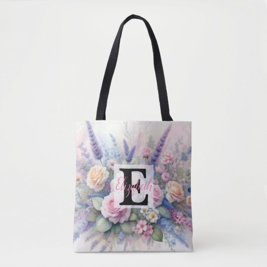 Monogram naam op waterverf Bloemen in pastels Tote Bag (Voorkant)