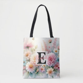 Monogram naam op waterverf Bloemen in pastels Tote Bag