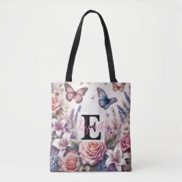 Monogram naam op waterverf Bloemen in pastels Tote Bag