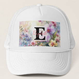 Monogram naam op waterverf Bloemen in pastels Trucker Pet