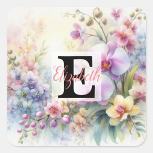 Monogram naam op waterverf Bloemen in pastels Vierkante Sticker