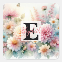 Monogram naam op waterverf Bloemen in pastels Vierkante Sticker