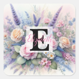 Monogram naam op waterverf Bloemen in pastels Vierkante Sticker