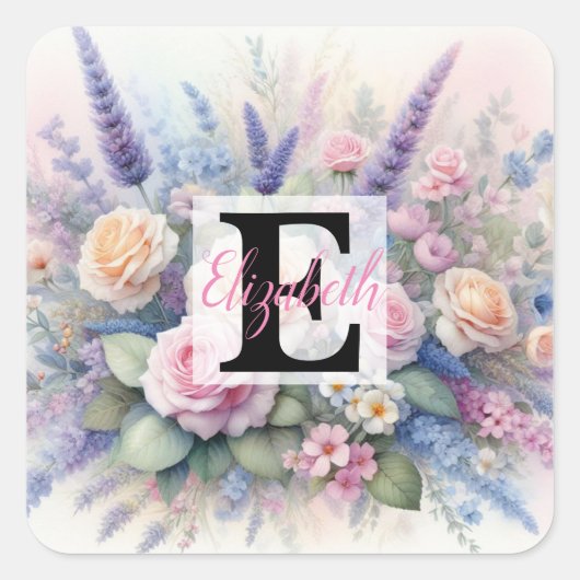 Monogram naam op waterverf Bloemen in pastels Vierkante Sticker (Voorkant)