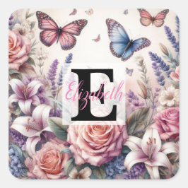 Monogram naam op waterverf Bloemen in pastels Vierkante Sticker