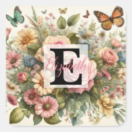 Monogram naam op waterverf Bloemen in pastels Vierkante Sticker