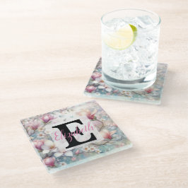 Monogram naam op waterverf Bloemen in pasteltinten Glazen Onderzetter