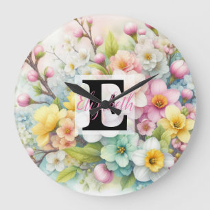 Monogram naam op waterverf Bloemen in pasteltinten Grote Klok