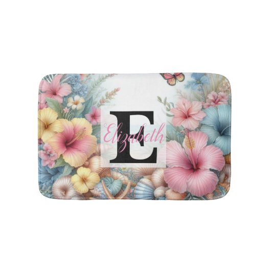Monogram naam op waterverf Bloemen zee schelpen Badmat (Voorkant)