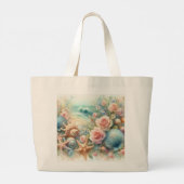 Monogram naam op waterverf Bloemen zee schelpen Grote Tote Bag (Achterkant)