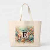 Monogram naam op waterverf Bloemen zee schelpen Grote Tote Bag (Voorkant)