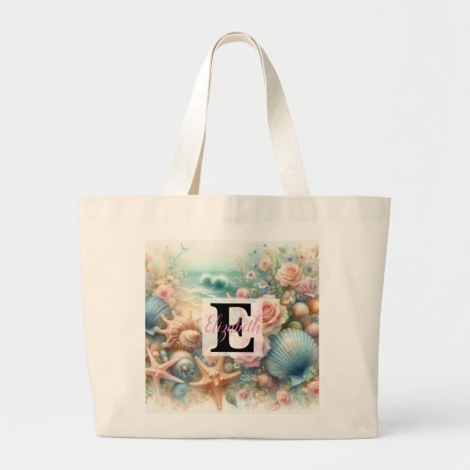 Monogram naam op waterverf Bloemen zee schelpen Grote Tote Bag (Voorkant)